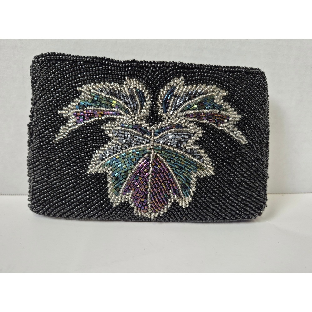 Vintage Black Beaded Coin Purse Iridescent Leaf Design Zipper Pouch Hand Made